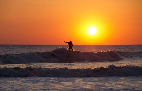 Picture wave, sunset, horizon, surfer, extreme sports, surfboard, orange sky
