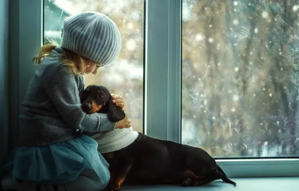 Friendship, girl, Dachshund, sill
