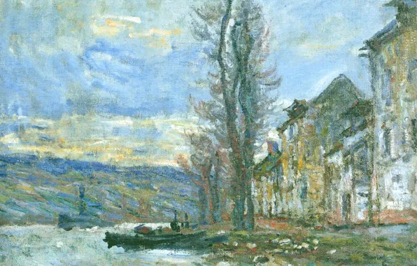 Landscape, river, boat, home, picture, Claude Monet, Hay in Lavacore. Winter