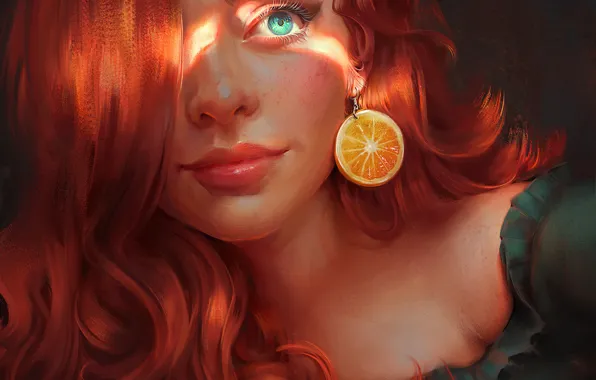 Girl, art, orange, redhead, artwork, Mandy Jurgens