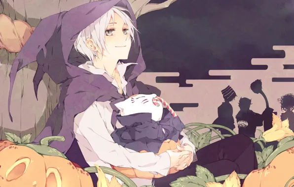 Picture tree, anime, candy, pumpkin, Halloween, flowers, Natsume, Natsume Yuujinchou