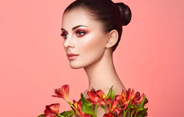 Look, girl, flowers, face, model, portrait, makeup, Oleg Gekman