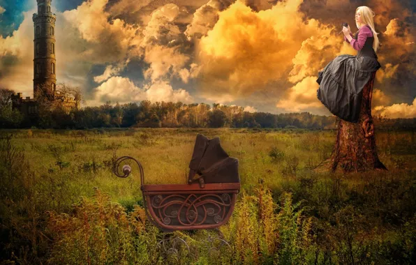 Field, girl, castle, tower, stroller
