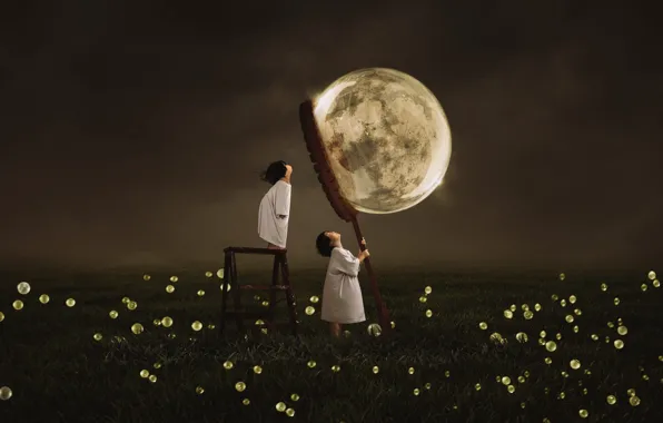 Field, the sky, grass, night, clouds, children, rendering, fantasy