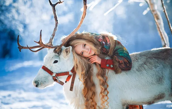 Picture winter, girl, animal, deer, blonde, curls, Alexandra Savenkova