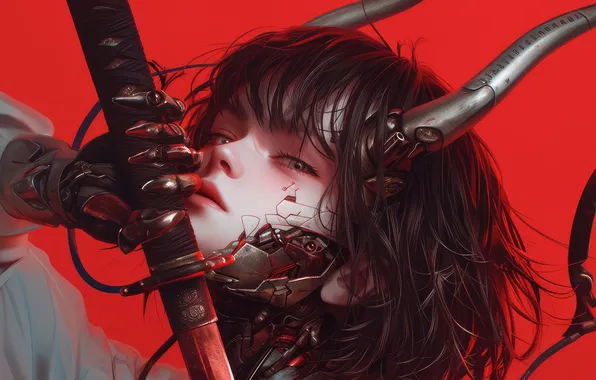 Anime, Katana, Horn, Red Background, Anime Girl, AI Art, AI Generated