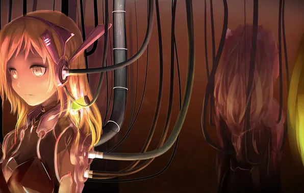 Girl, wire, anime, headphones