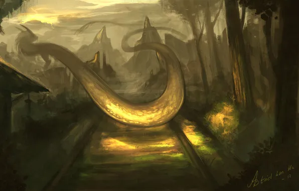 Mountains, rocks, dragon, home, art, Asian