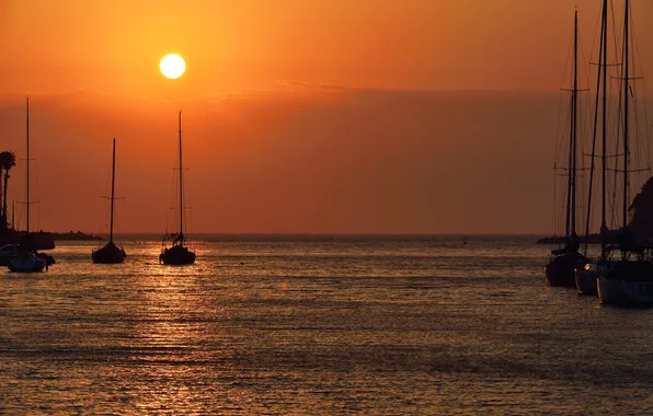 Sea, the sun, clouds, sunset, Bay, yachts
