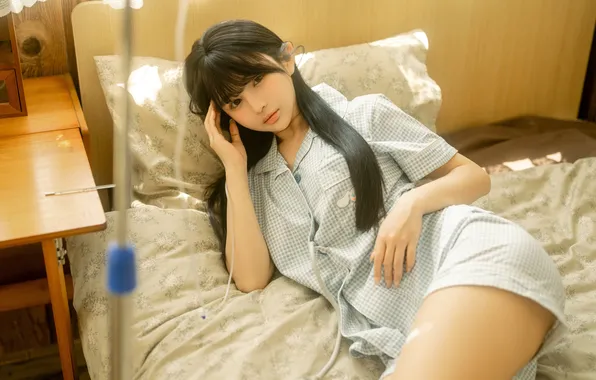 Beautiful, Asian, Model, Bed, Table, Woman, Cute, Lying Down