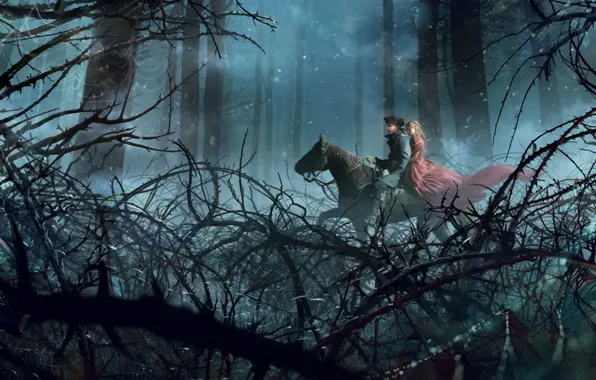 Picture forest, trees, horse, Girl, dress, guy