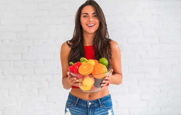Look, girl, joy, pose, smile, wall, brick, jeans