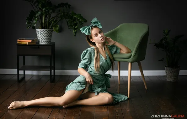 Look, girl, pose, chair, dress, legs, bow, long hair