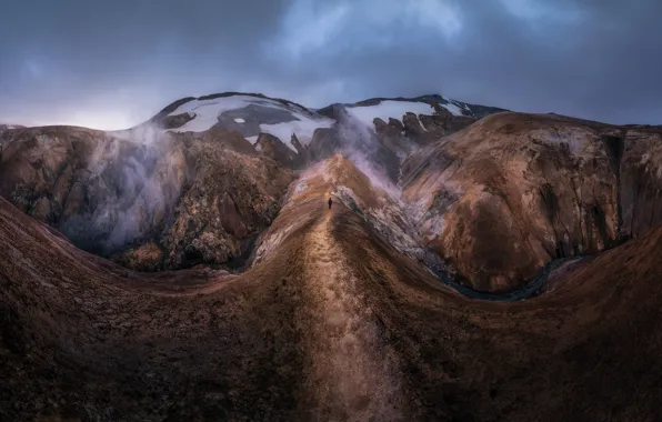Road, clouds, snow, mountains, river, rocks, the slopes, tops