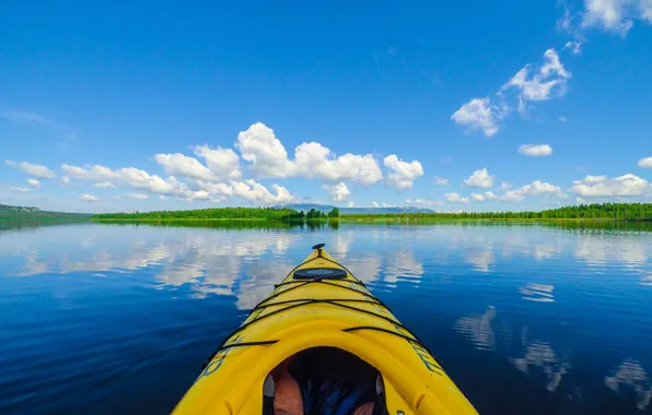 The sky, water, mountains, lake, boat, mirror, calm, kayak