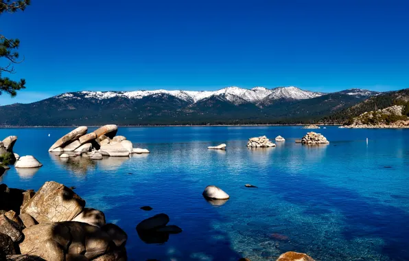 Picture mountains, lake, surface, stones, USA, California, Lake Tahoe