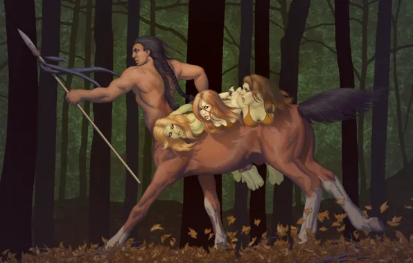 Forest, girls, centaur, spear, mining