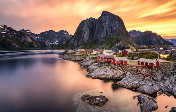 Picture the sky, clouds, mountains, stones, rocks, shore, the evening, Norway