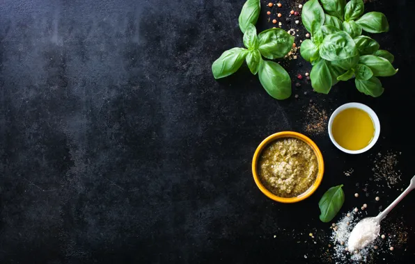 Spoon, sauce, salt, olive oil, Basil, pesto