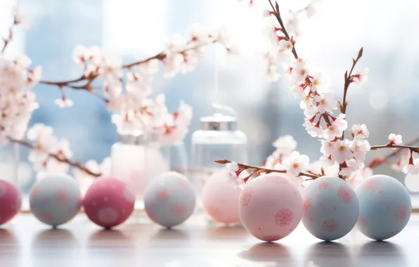 Flowers, branches, holiday, eggs, spring, Easter, flowering, painted
