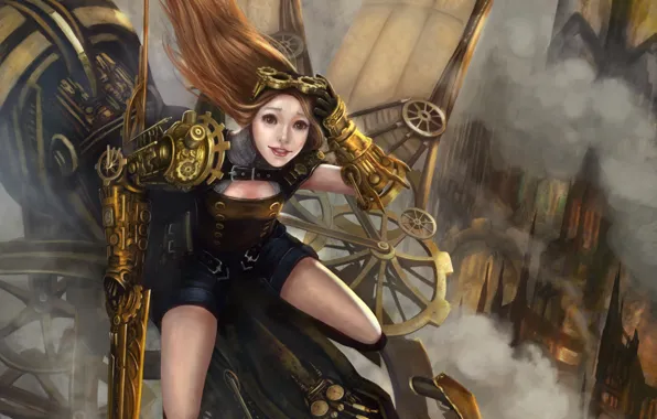Girl, weapons, technique, art, flight, Steampunk