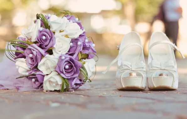 Bouquet, ring, shoes white