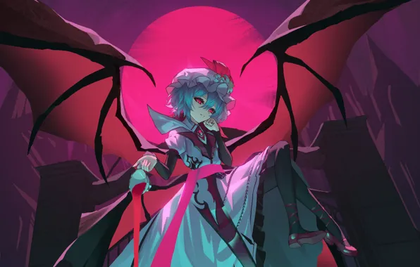 The full moon, red eyes, vampire, Touhou Project, Remilia Scarlet, black magic, blood Moon, bat …