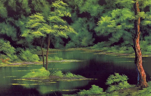 Picture forest, water, trees, landscape, shore, picture, painting, the bushes