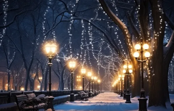 Picture winter, snow, trees, bench, night, lights, Park, street