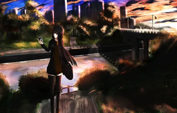 Picture girl, clouds, trees, sunset, bridge, the city, home, anime