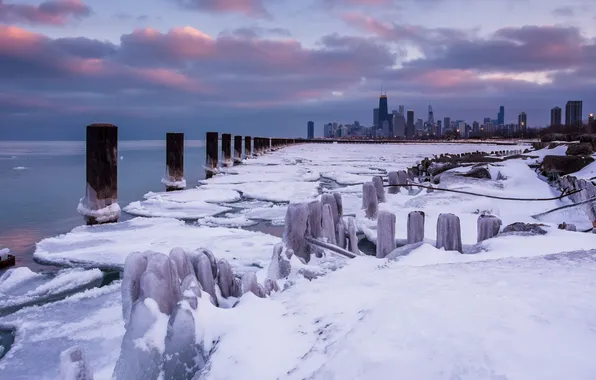 Winter, snow, city, skyscrapers, USA, America, Chicago, Chicago