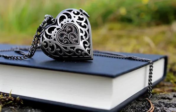 Greens, background, heart, blur, pendant, hearts, book, chain