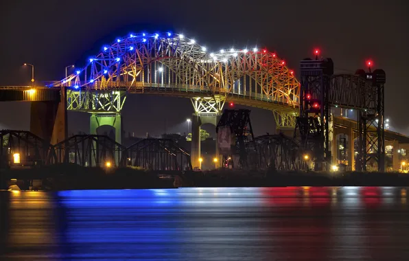 Night, lights, Michigan, Marie International Bridge