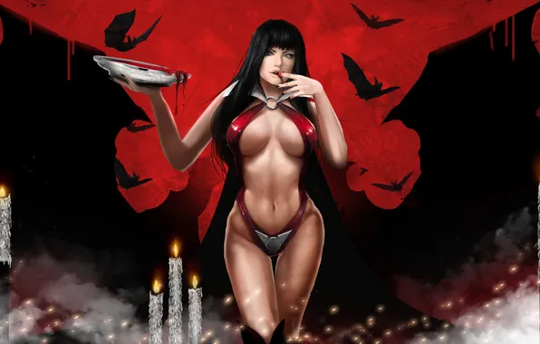 Look, blood, candles, art, vampire, bats, Vampirella, vampire