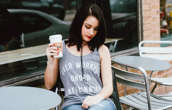 Picture girl, street, coffee, brunette, sitting
