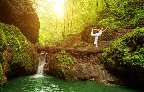 Picture forest, girl, trees, pose, waterfall, moss, Mike, yoga