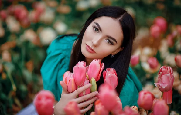 Picture look, flowers, face, mood, portrait, tulips, Alina, Hakan Erenler