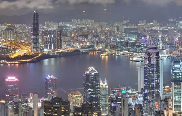 Night, city, the city, skyscrapers, night, Hong Kong