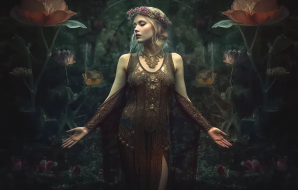 Girl, flowers, nature, the dark background, pattern, hands, dress, blonde