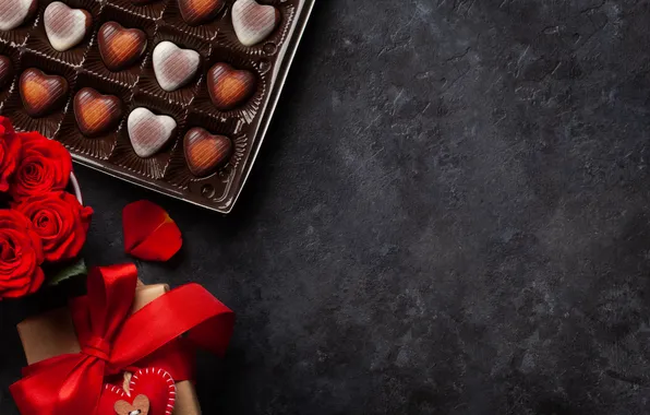 Picture love, flowers, gift, romance, chocolate, roses, petals, love