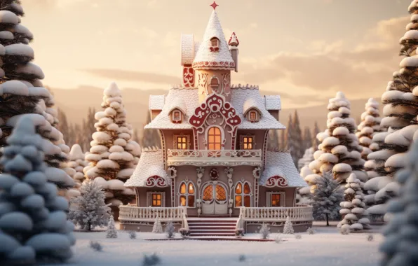 Winter, forest, the sky, clouds, snow, house, castle, patterns