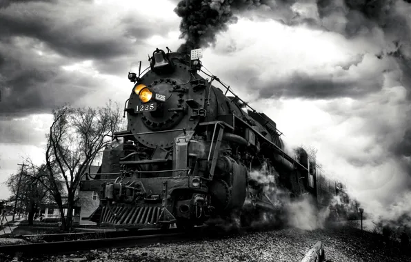 Smoke, train, the engine, black and white, monochrome, mound, Our engine is flying ahead!