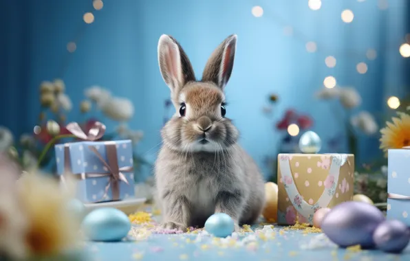 Holiday, eggs, rabbit, Easter, gifts, blue background, AI art, neural network