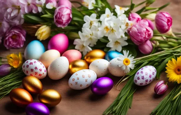 Flowers, eggs, spring, colorful, Easter, happy, flowers, spring