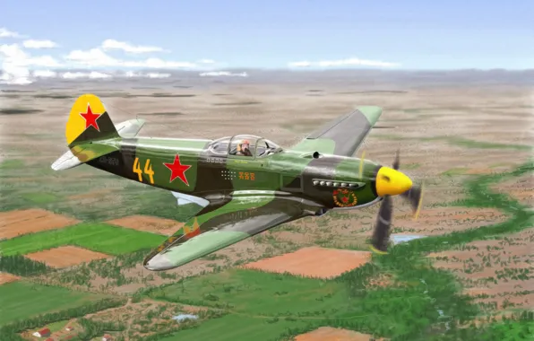 War, art, painting, aviation, ww2, russian fighter, yakovlev yak 3