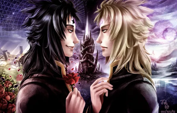 Picture roses, art, guy, brunette, blonde