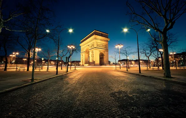 Road, trees, night, the city, France, Paris, pavers, lighting