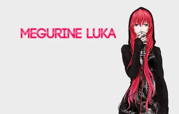 Picture look, girl, art, microphone, vocaloid, megurine luka, red hair