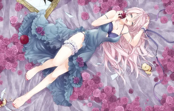 Girl, fragments, apples, roses, mirror, art, vocaloid, megurine luka