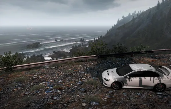 Picture mountains, the ocean, need for speed hot pursuit, Mitsubishi Lancer Evolution X